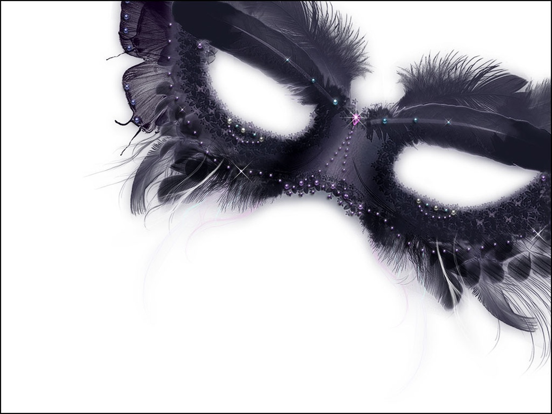 En elegant svart maskeradmask utsmyckad med fjädrar och gnistrande strass mot en vit bakgrund.